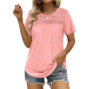 Women's Summer Tops 2025 Trendy Short Sleeve Shirts Smocked Crewneck Tee
